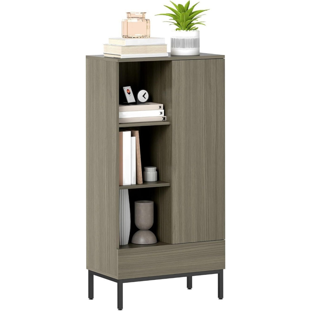 Bibliotheque design contemporain, teinte creme finition bois