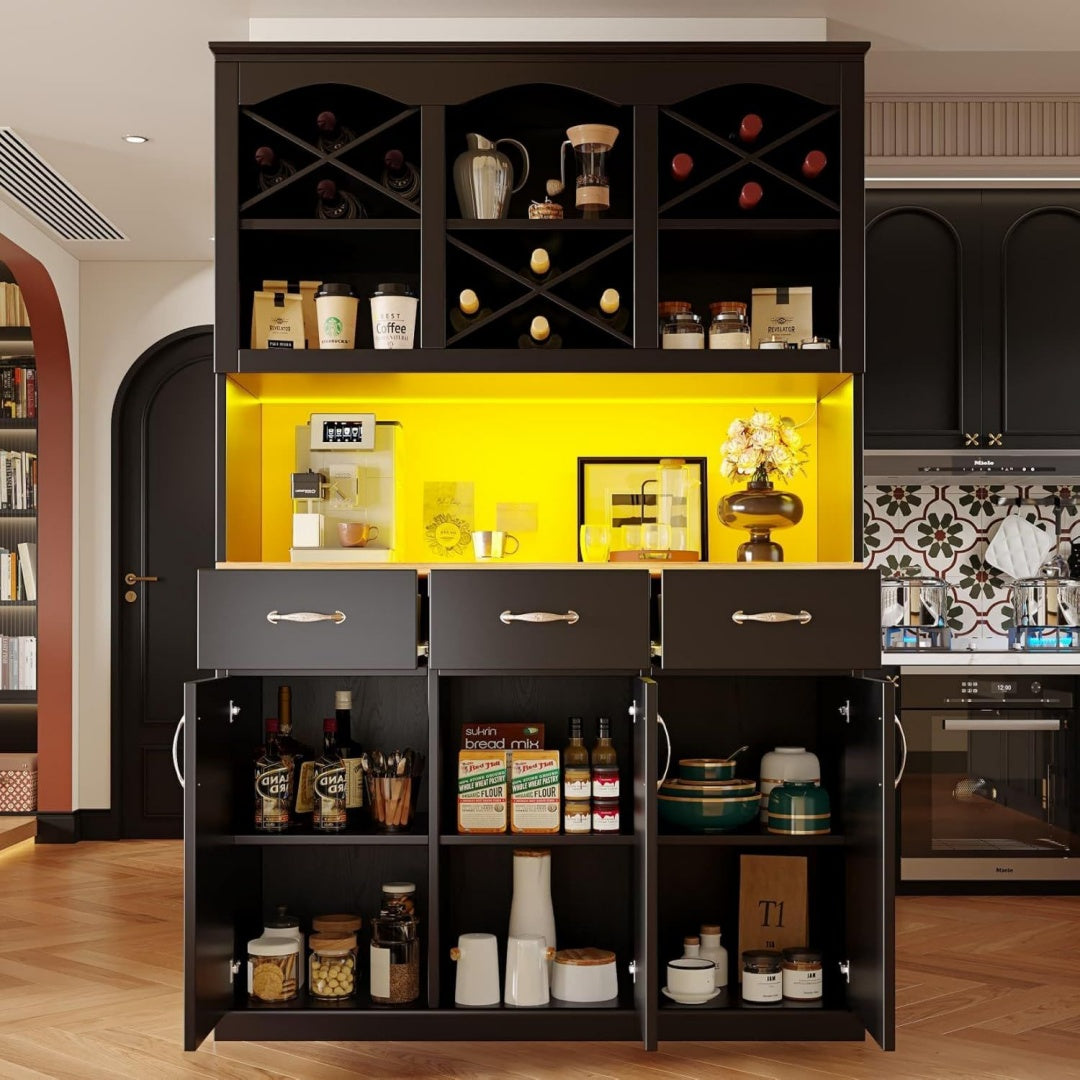Buffet haut 120 x 40 x 180 cm noir 3 portes et 3 tiroirs